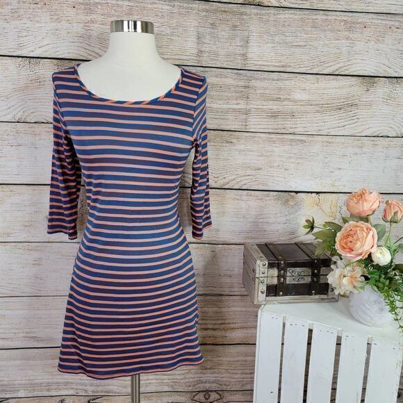 Everly Women's 3/4 Sleeves Striped‎ Back Cut Out Dress In Orange & Blue Size M - Picture 1 of 6